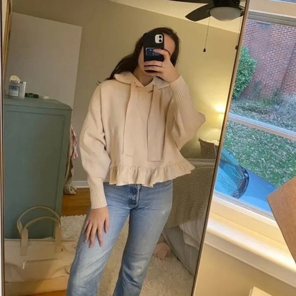 ZARA TAN RUFFLED KNITWEAR SWEATSHIRT HOODIE OVERSIZED IVORY SIZE S - Picture 2 of 8